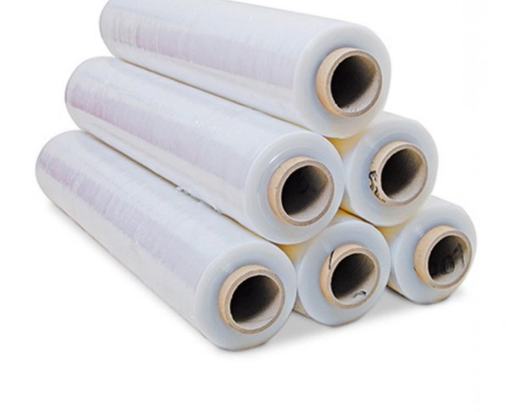 Six rolls of clear stretch film stacked in a pyramid